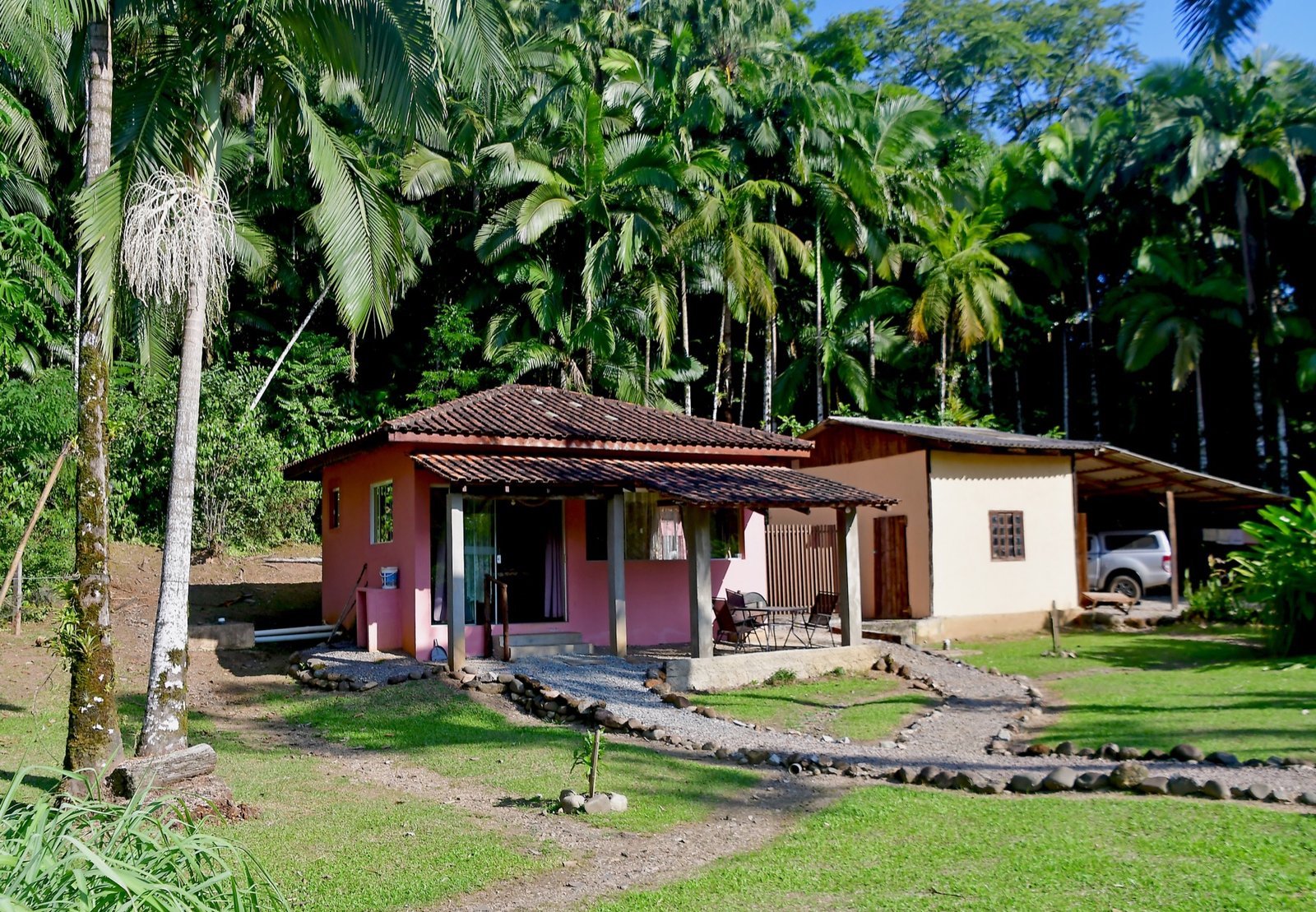 Fachada da casa principal cercada por palmeiras